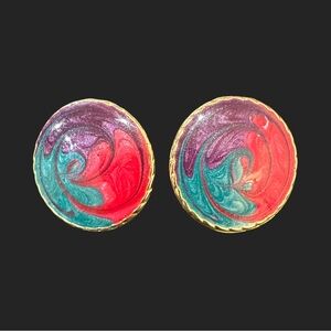 Authentic Vintage 80s Enamel Earrings Gold Tone Blue Pink Purple
